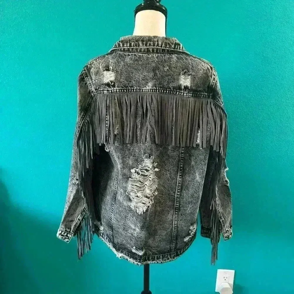 Fantastic Fawn Black Dark Fringed Western Distressed Denim Jacket Womens Size M - Image 3