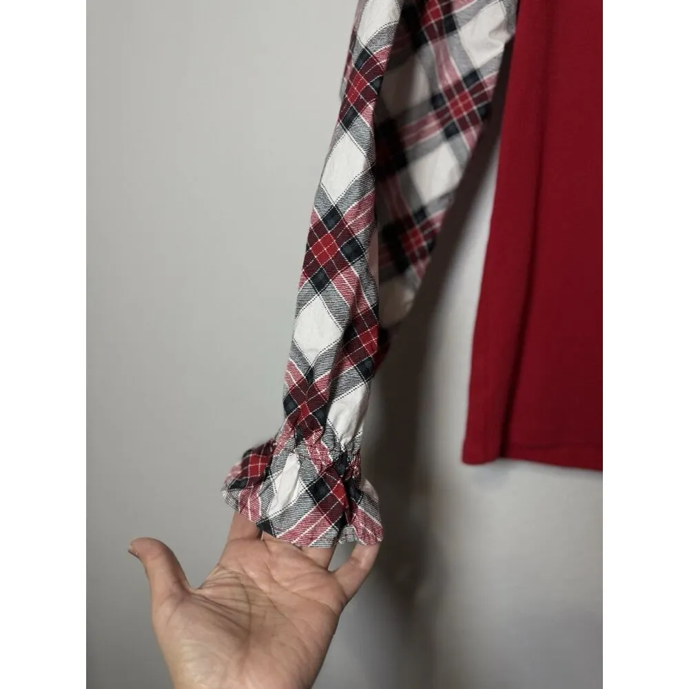LOFT Women’s Ribbed Henley Red Plaid Mixed Media Puff‎ Shirred Ruffle Sleeves S - Image 13