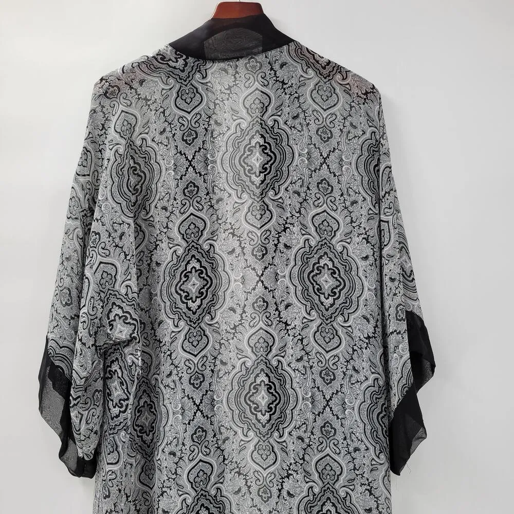 Vintage Cacique Lingerie Kimono Robe @L/XL Womens Gray Black Sheer Paisley Long - Image 12