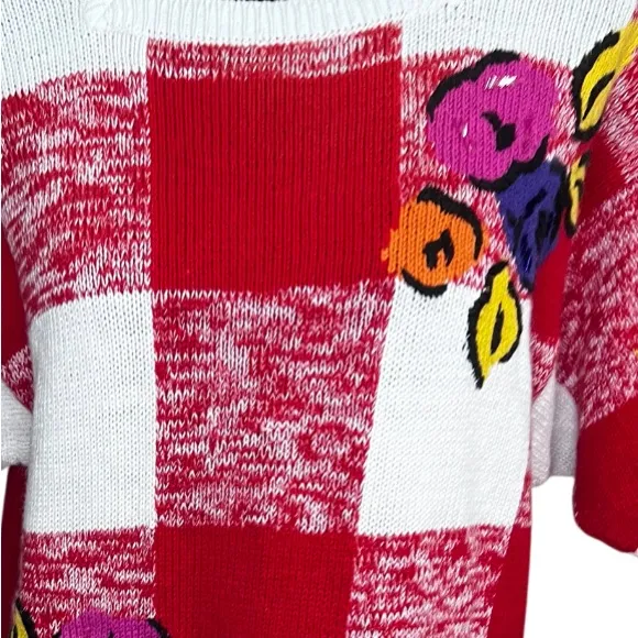 Vintage Colorful Checkered Knit Sweater Red Size L - Image 9