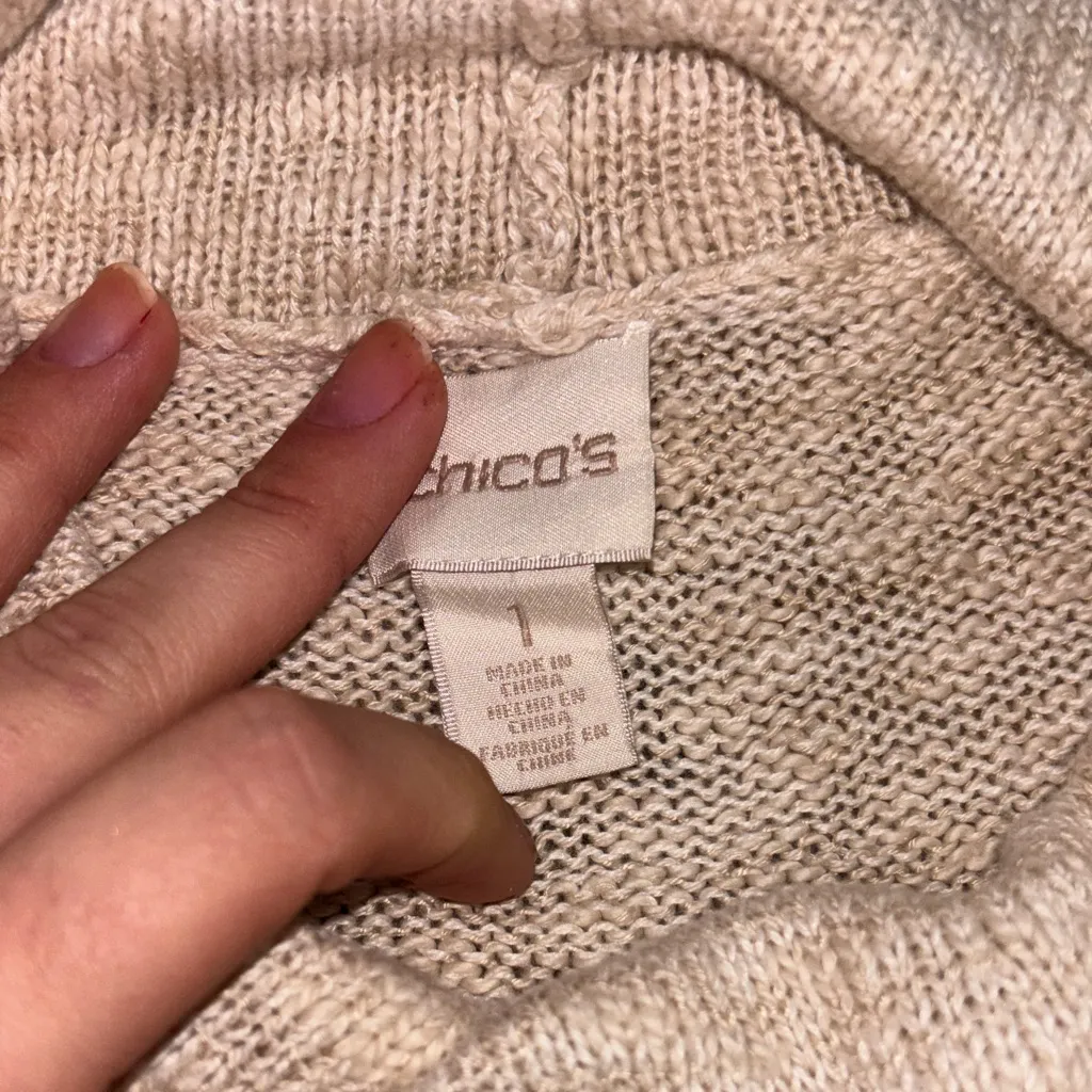 Chicos size 1 (8/10) Cowl Neck Lightweight Pointelle Crochet Sweater Minimal - Image 7