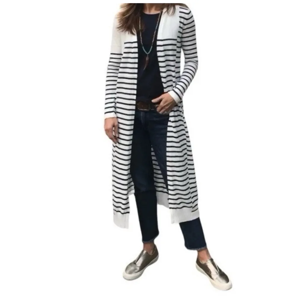Cabi Cardigan Victory Duster Blue White Stripes Long Sweater Size medium - Image 4