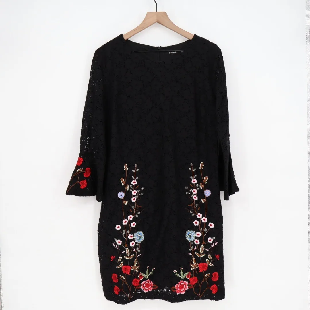 Desigual Black Lace Floral Embroidered Bell Sleeve Dress Size 44 - Image 2