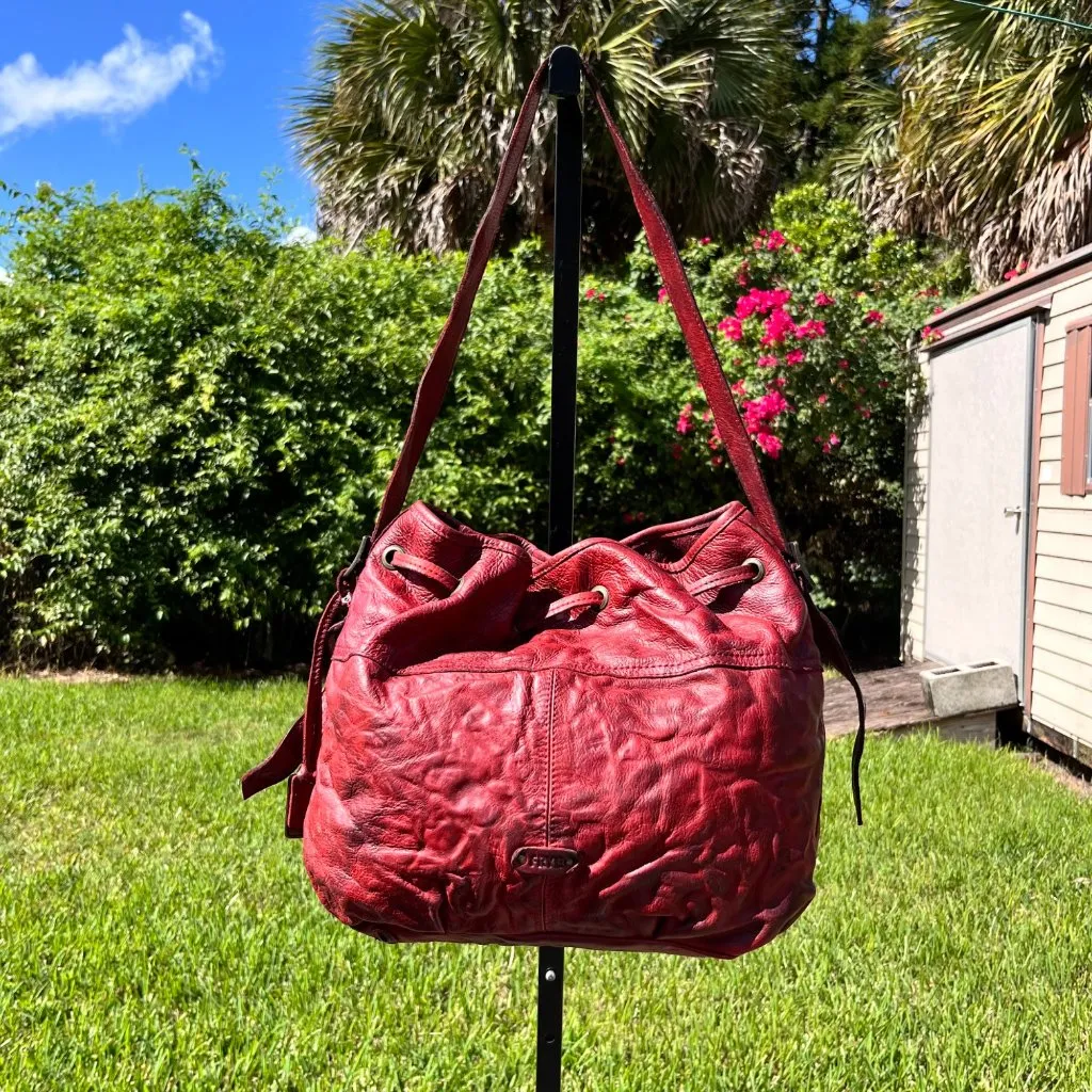 Frye Brooke Red Leather Studded Distressed Drawstring Bucket Bag - Image 2