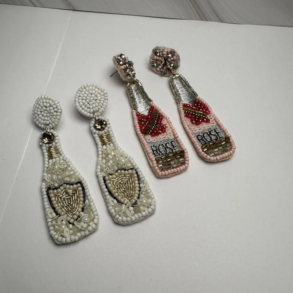 Lot Of 2 Hand Made Felt Bead Rhinestone Wine Bottle Pierced Dangle Drop Earrings - Image 8