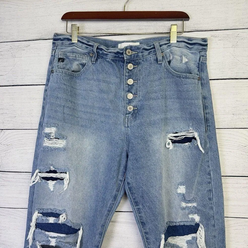 KANCAN Briar Ultra High Rise 90s Boyfriend Jeans Distressed Patched Womens Sz 30 Blue - Image 3