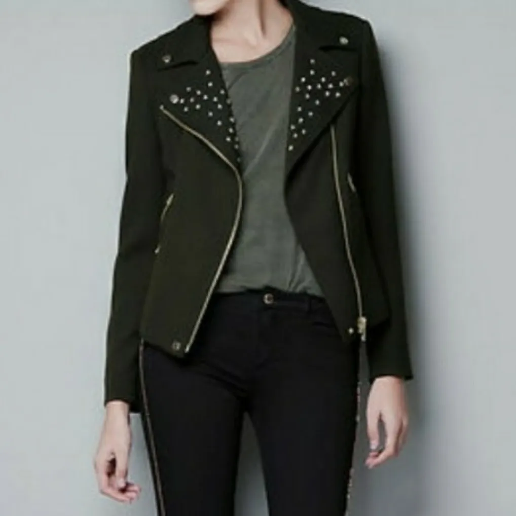 Zara Basic Size XS Army Olive Green Wool Blend Moto Zip Studded Zip up Jacket - Image 2
