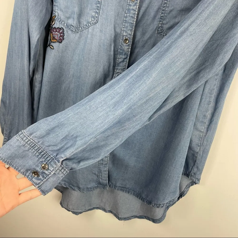 Knox Rose Boho Chambray Button Down Top Floral Embroidered Sz XXL - Image 6