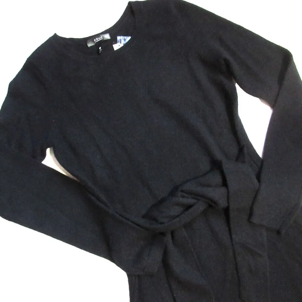 NWT Aqua Cashmere Tie Waist Midi in Black Crew Neck Sweater Dress XS $198 - Image 3