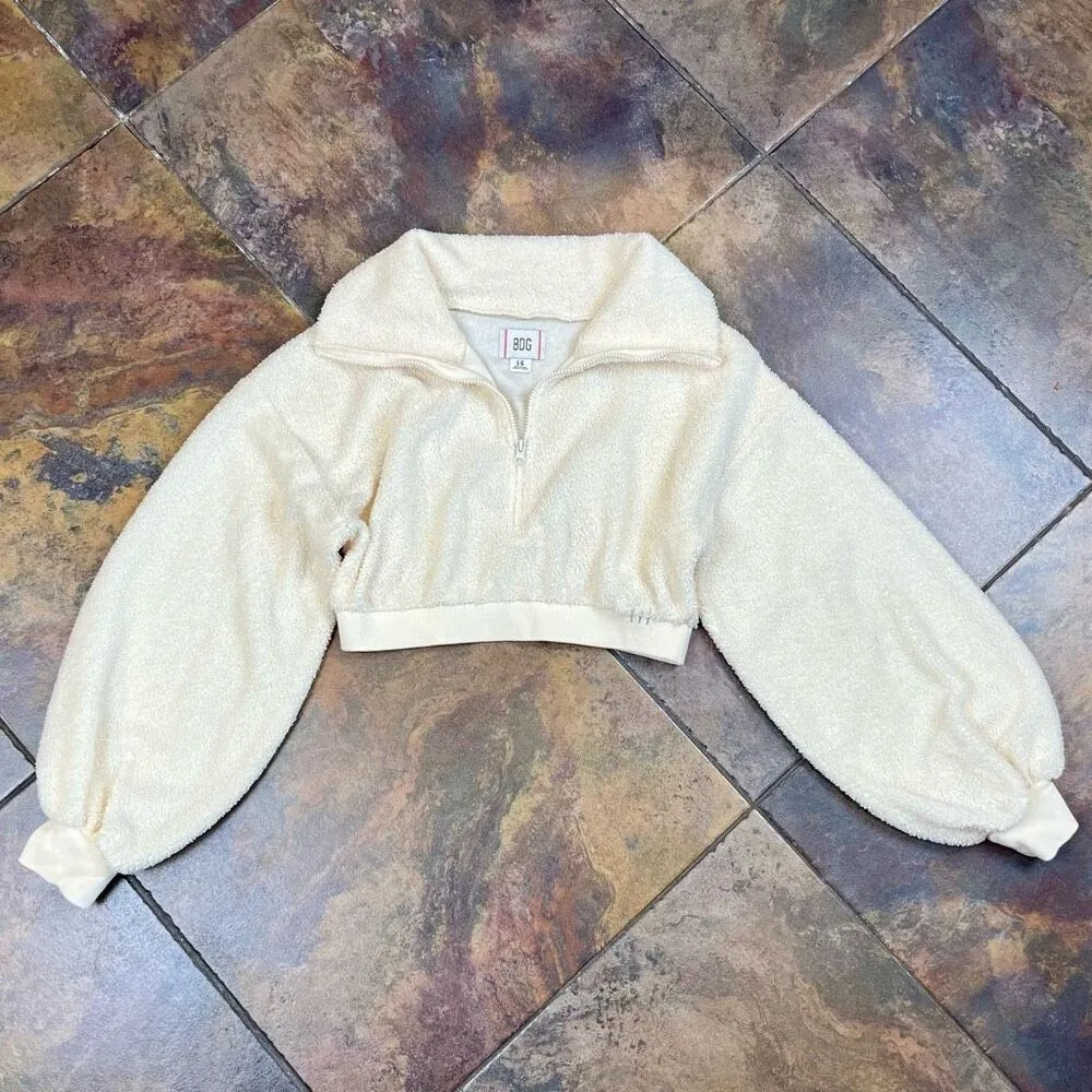 BDG Cream Teddy Bear Cropped Sweatshirt Large - Image 8