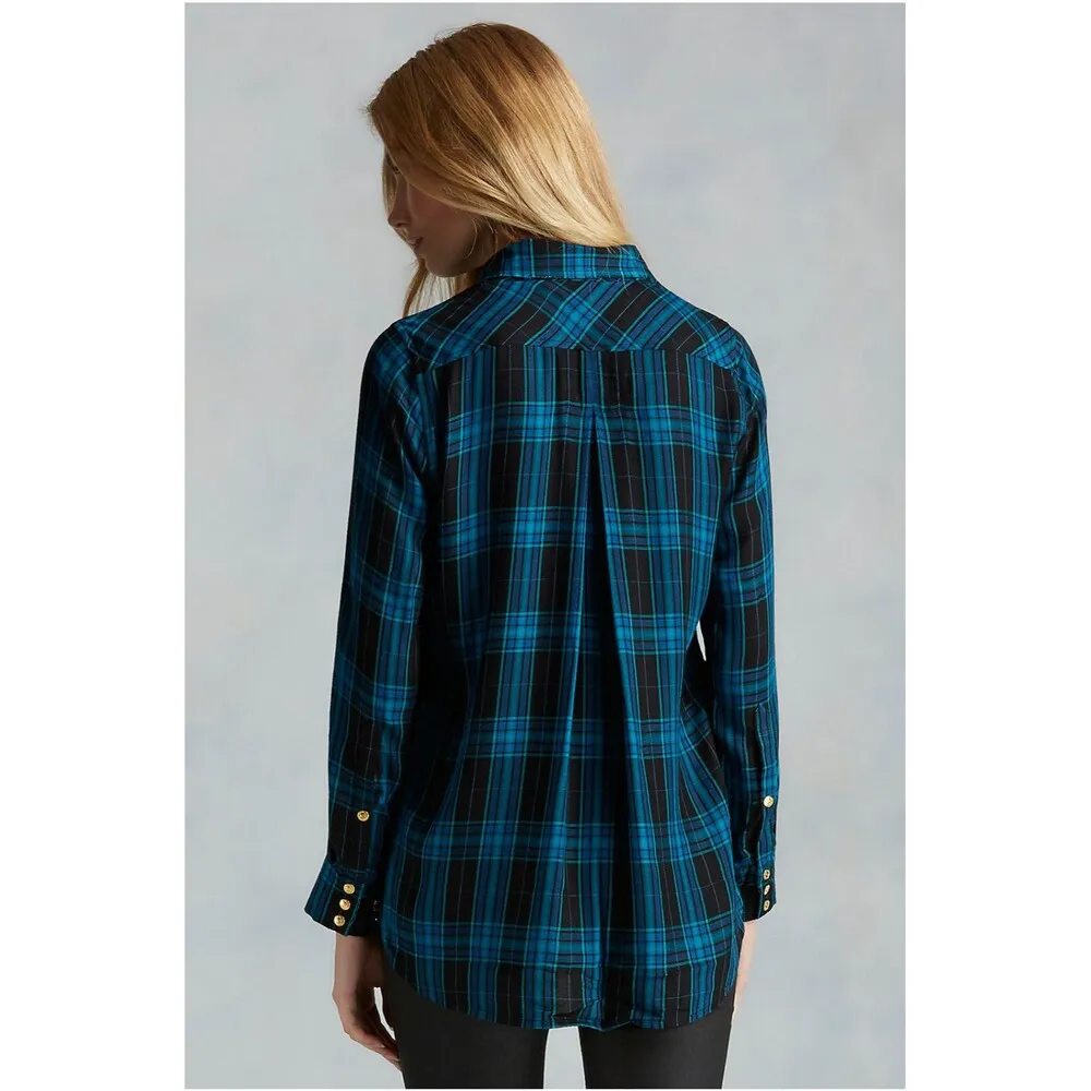 New Womens Designer True Religion S Plaid Top Logo Black Aqua Blue NWT Tunic Zip - Image 4