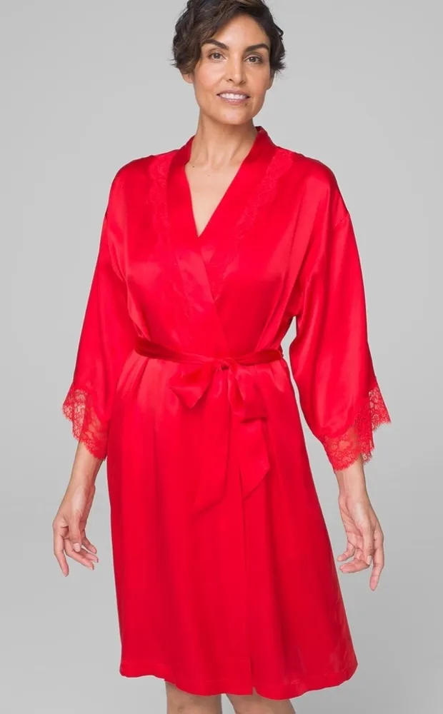 NWT SOMA SENSUOUS 100% Silk Short Robe With Lace Red Size Large / XL - Image 1