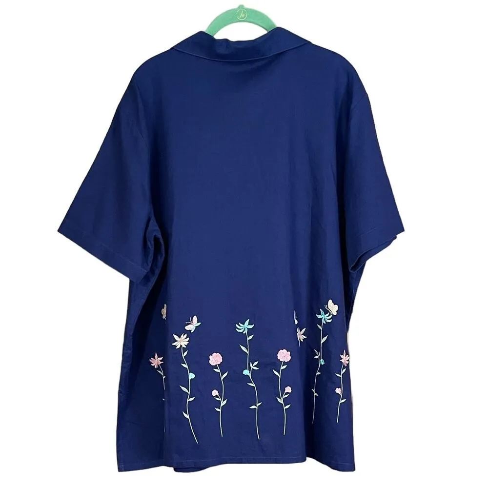 Sport Savvy Short Sleeve Floral Embroidered Camp Shirt Navy Blue Size 1X - Image 2