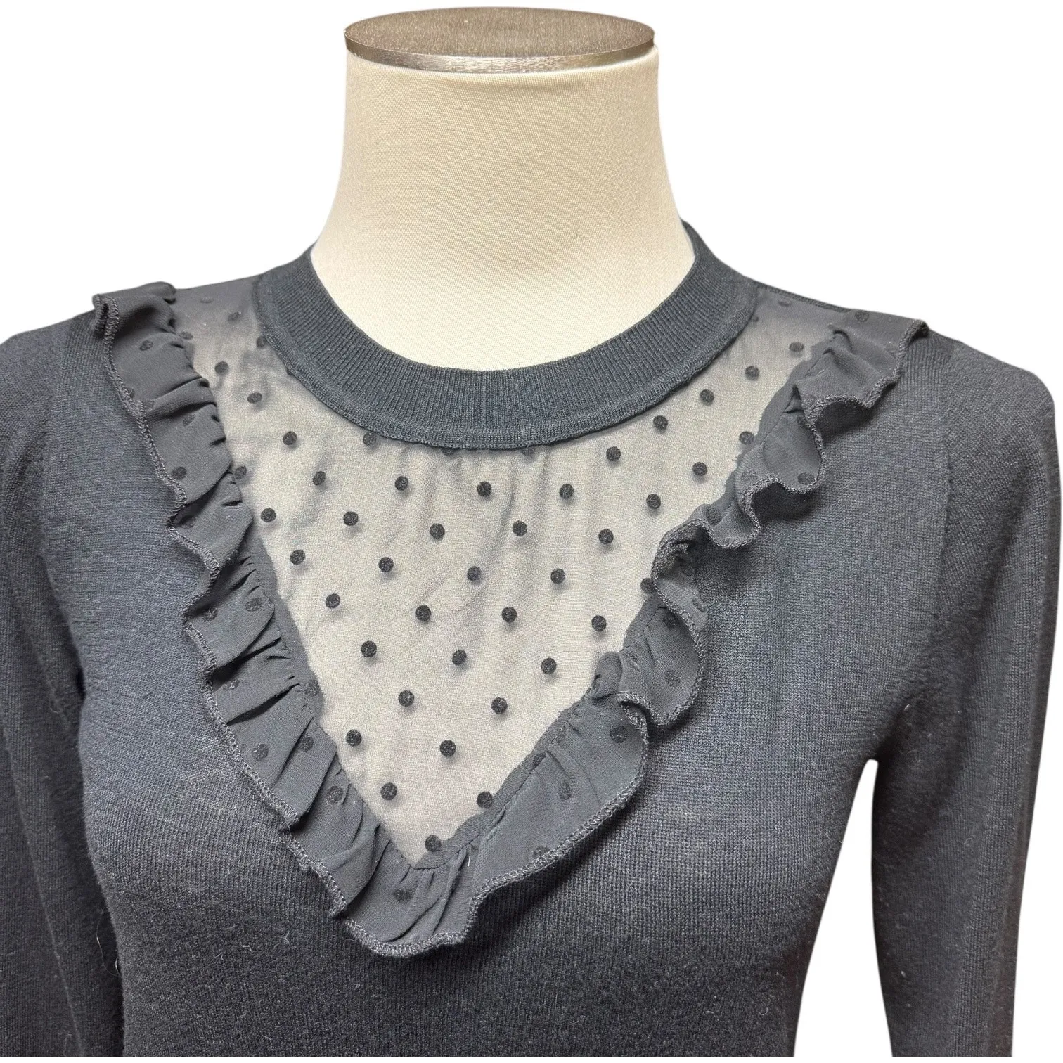 LOFT Wool Blend Ruffle Crew Neck Sweater Sheer Polka Dot Panel Black Small - Image 2