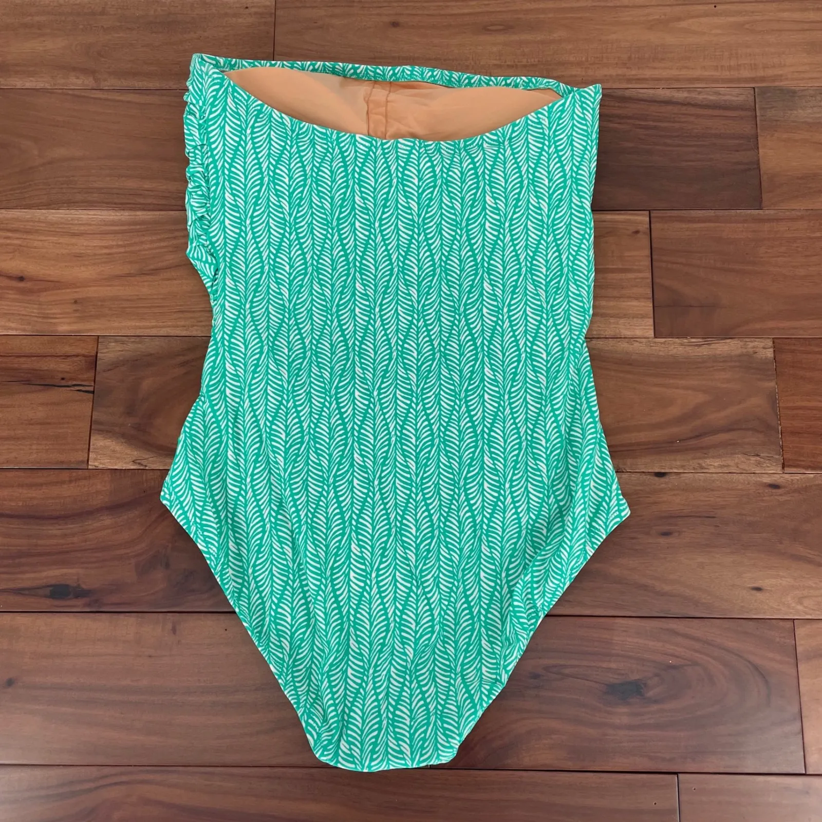 J.Crew Ruched Strapless One Piece Swimsuit Green White Leaf Print Size L Size L - Image 5