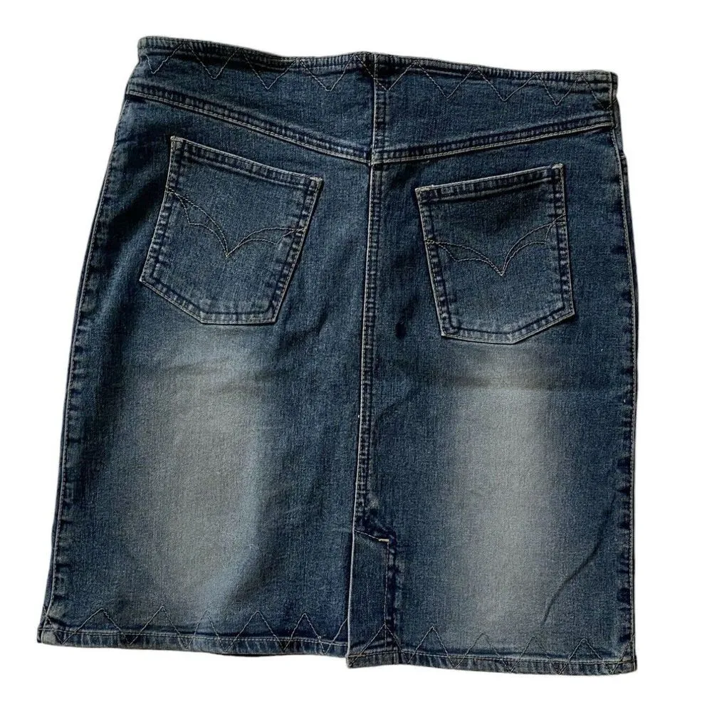 Y2K Vintage Denim Mini Skirt Size Small Dark Blue Bleached Wash Pockets Stretchy - Image 2