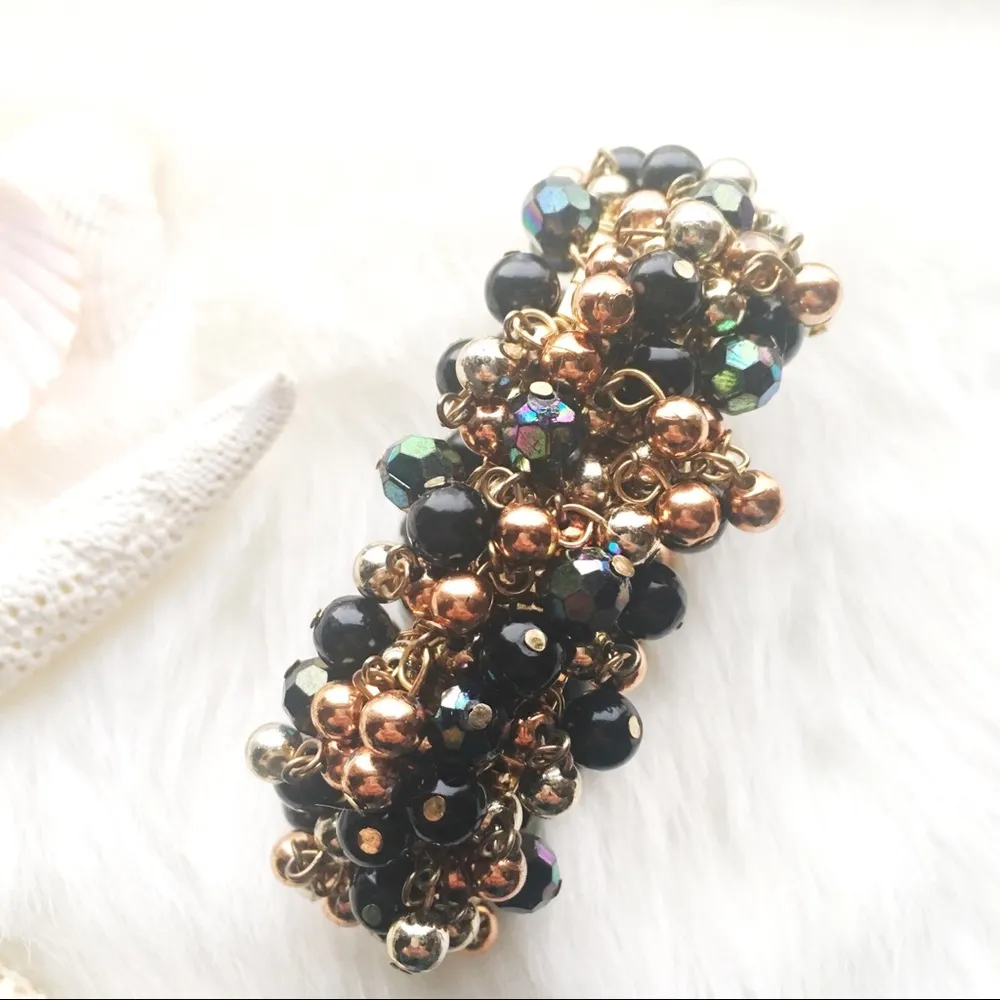 VINTAGE Beaded Mid Century Vintage Stainless Accordion Bracelet Black - Image 3