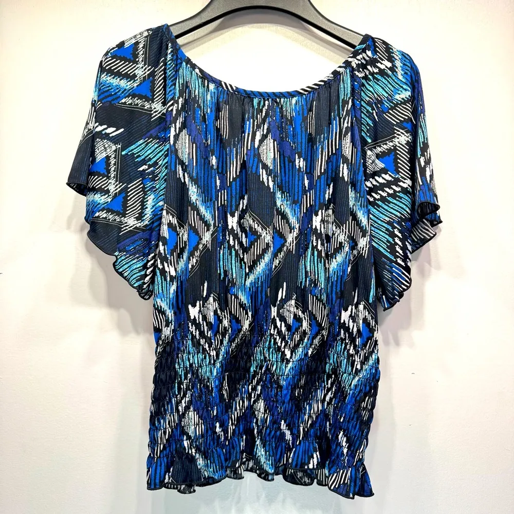 Aztec Ikat Print Ruched Smocked Waist Flutter Sleeve Ruffle Blouse by Cocomo Blue Size L - Image 2