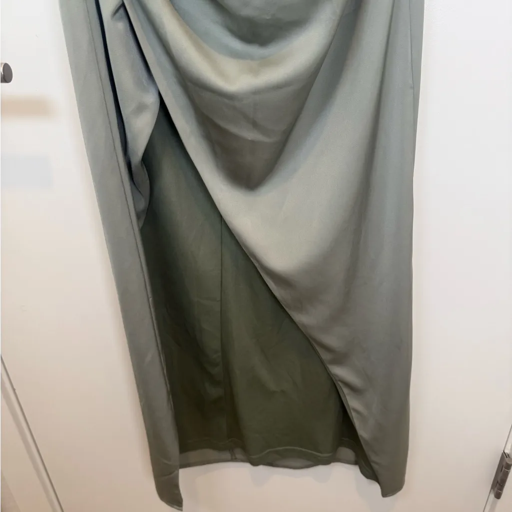 Elegant Off-Shoulder Sage Green Asymmetrical Tulip Midi Dress - Image 7