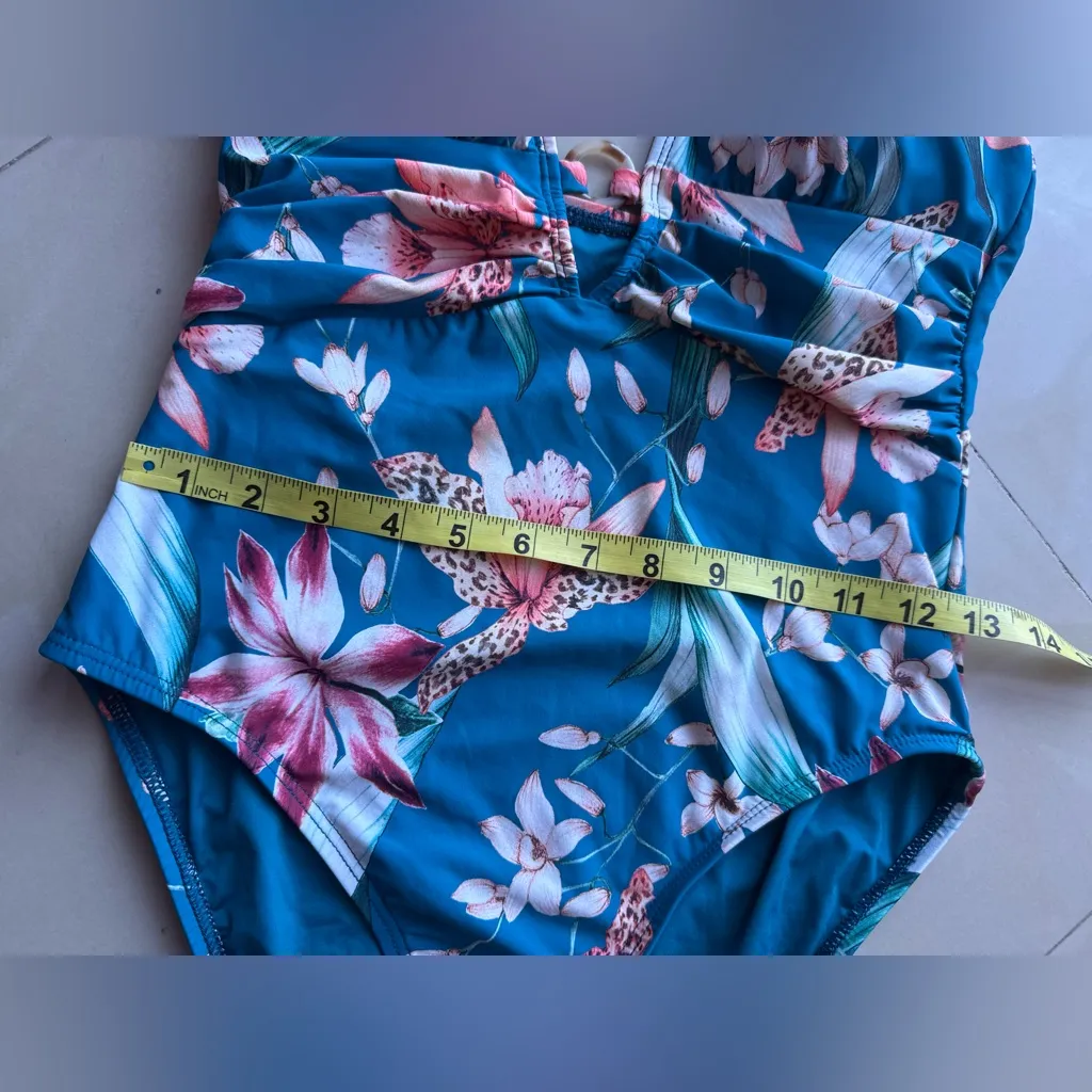 La Blanca Teal Blue Tropical Floral One Piece Swimsuit Halter Neck Size 8 - Image 14