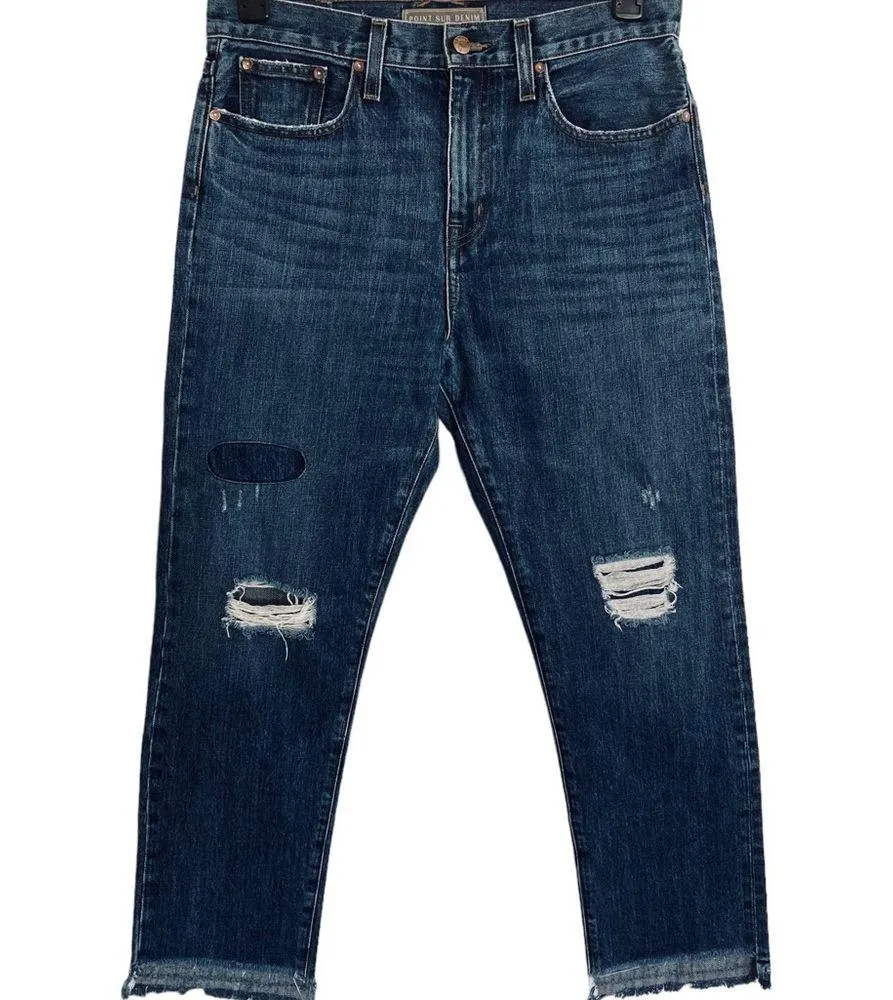 Point Sur Shoreditch Straight Leg Raw Hem Denim Jeans Patch Distressed sz 28 Blue - Image 2