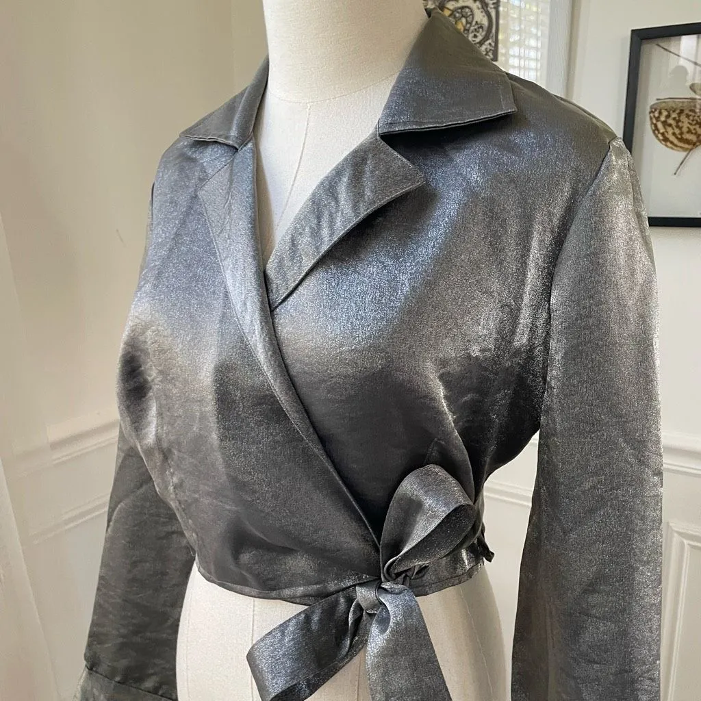 Vintage 80s 90s Le Château Metallic Silver Gunmetal Cropped Wrap Shirt M Size M - Image 3