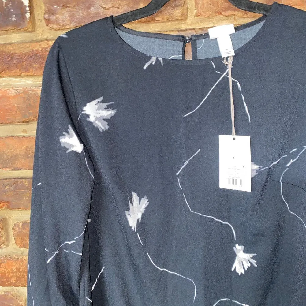 NWT A New Day Black Floral Long Sleeve Mini Shift Dress Women's Size Small - Image 3