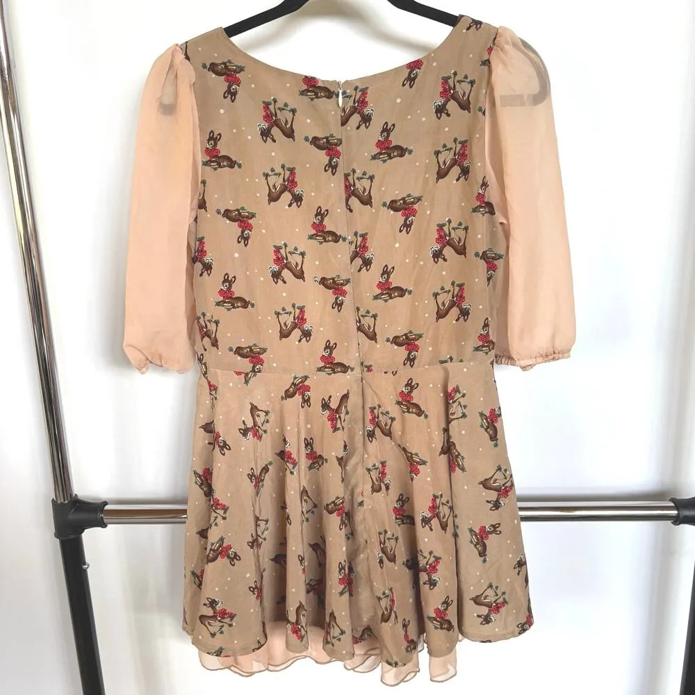 Bambi Woodland Fairy Girly Mini Dress Fit Flare Puff Sheer Sleeve Princess - Image 3