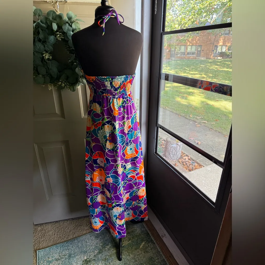 Vintage Keene Sportwear Hawaii tropical smocked halter maxi dress, size small Orange - Image 5