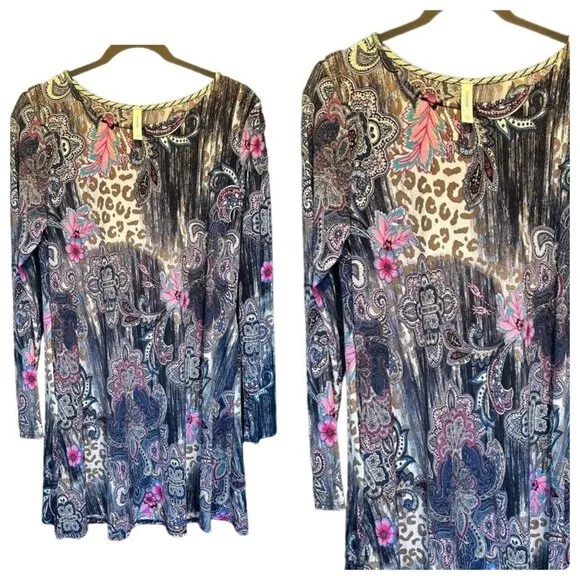 Honey Me Ladies Long Sleeve Purple Cheetah Pattern Scoop Neck Dress SZ Small - Image 2