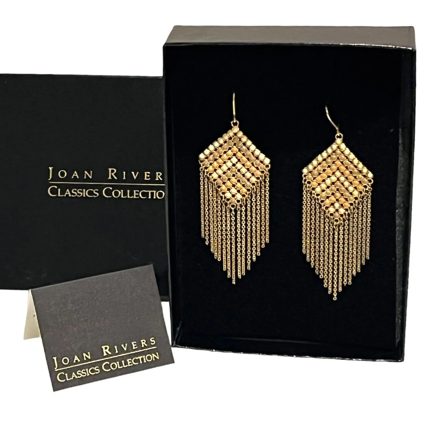 Joan Rivers Fringe Earrings Modern Leverback Gold Silver 3.5" Dangle New Box - Image 4