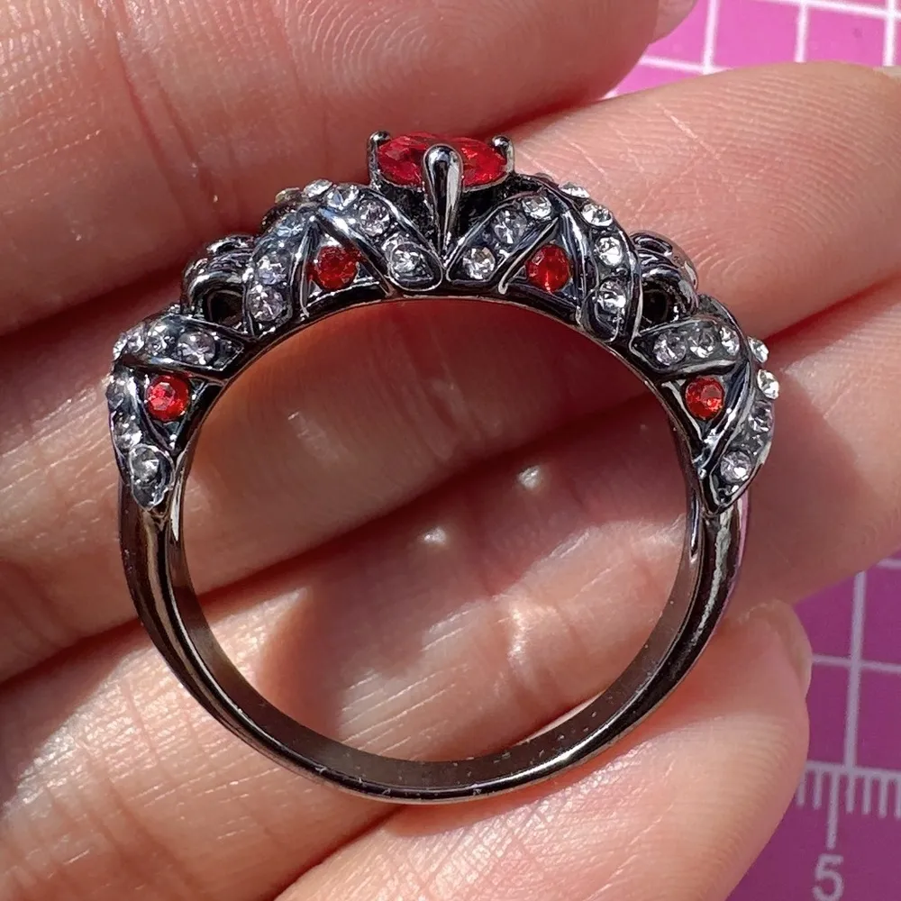 Halloween red diamond heart crystal paved skeleton black tone ring NIB Sz 11 - Image 5