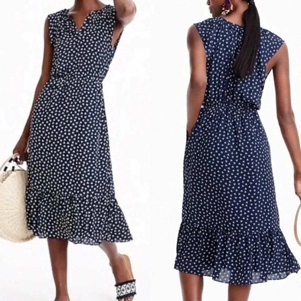 J. CREW Navy Midi Dress Navy White Dragonfly‎ Cap Sleeve Size XS - Image 2
