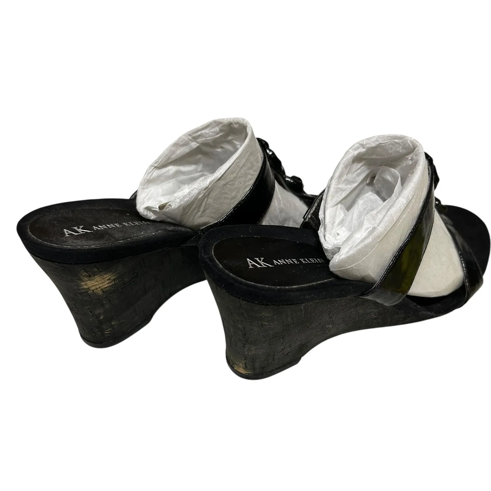 Anne Klein Shoes Womens‎ 8M Black Wedge Patent Slip On Chain Detail Open Toe - Image 6