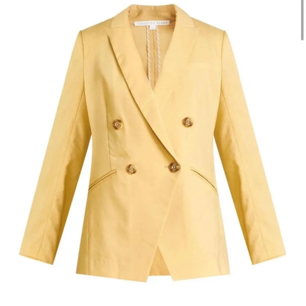 Veronica Beard Nisha Double Breasted Linen Blazer Jacket In Vintage Yellow - Image 3