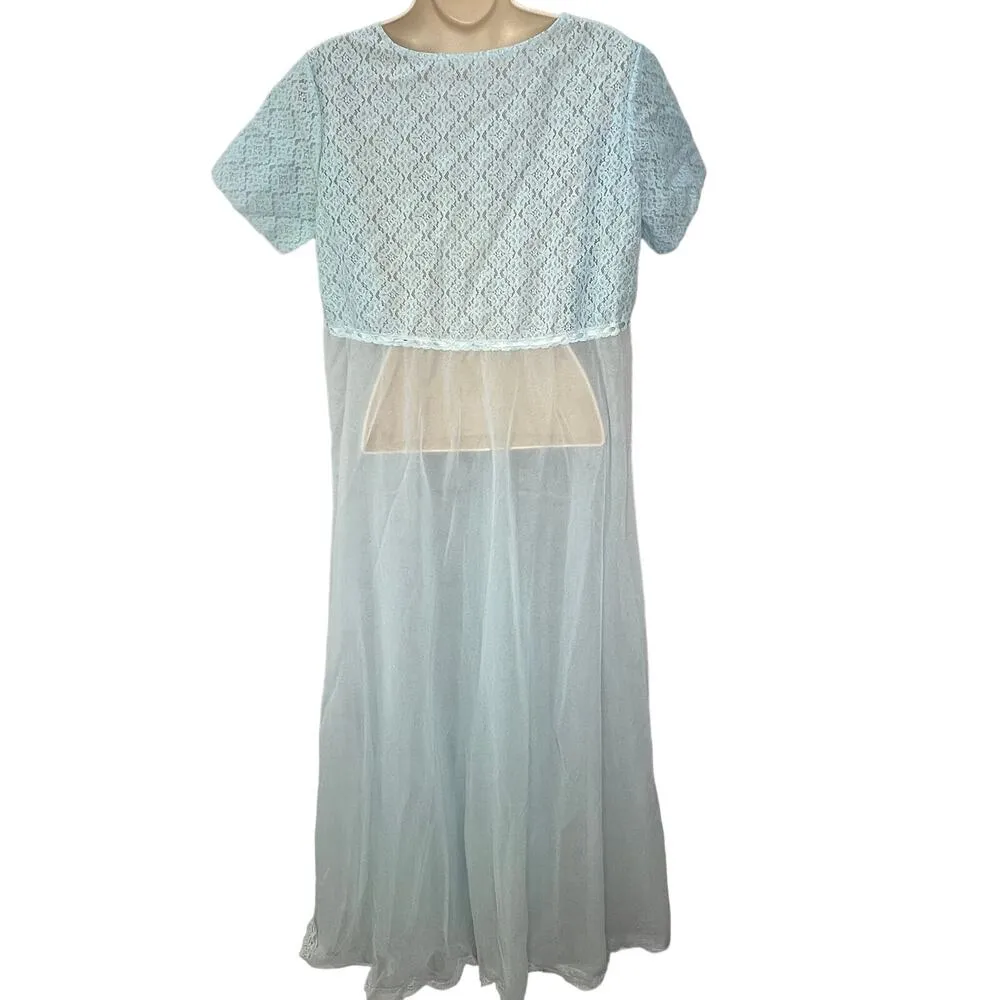 Vintage Pinehurst Lingerie Sheer Long Robe Dressing Gown Blue Size M Lace USA Size M - Image 2