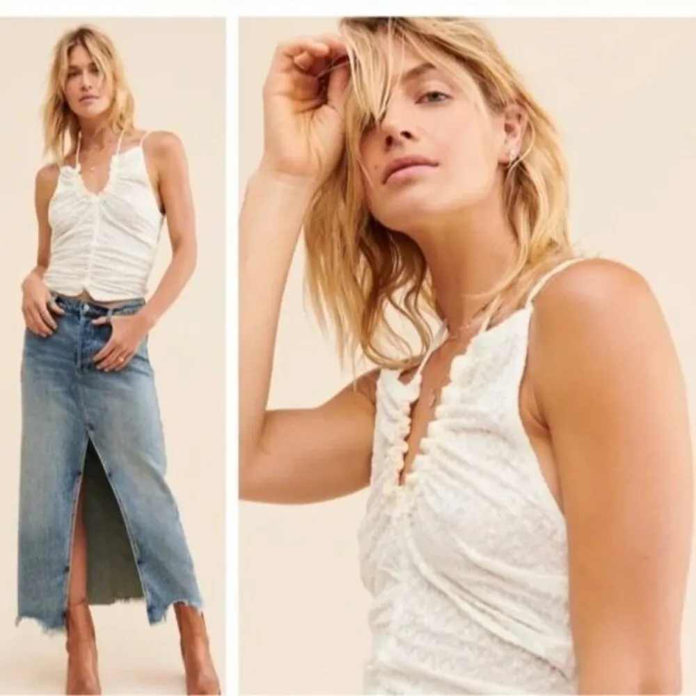 Free People Lace Ruched Love Her Tank Top Cami Ivory White Gardenia - Image 3