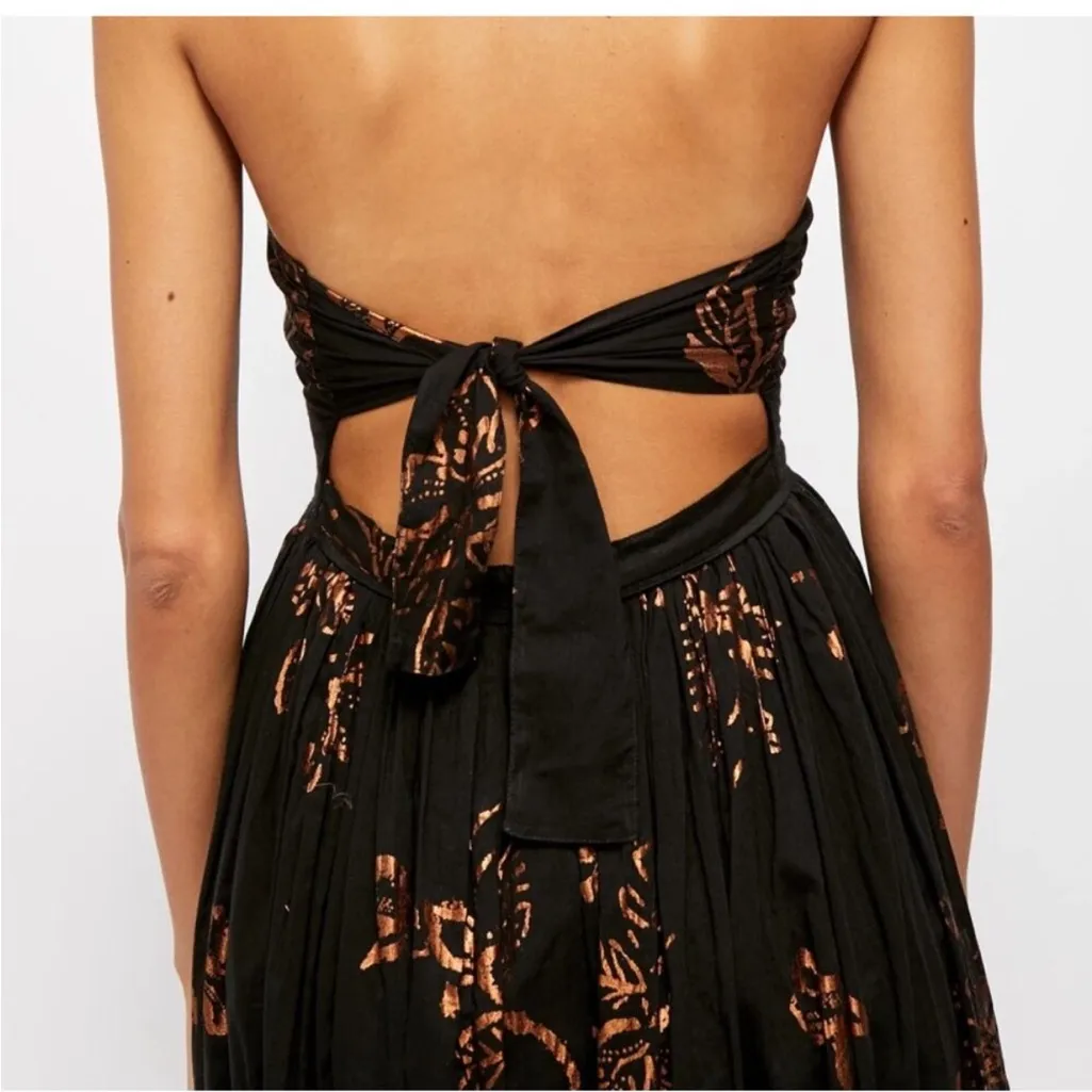 Free People Baja Babe Strapless Midi Dress Black Metallic Bronze Floral Size S - Image 3
