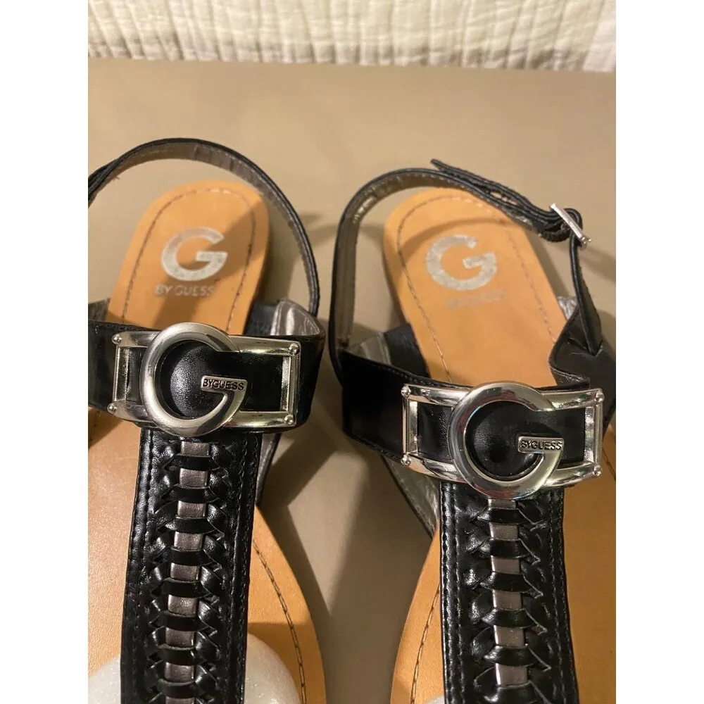 G by Guess Womens Sandals Size 9M Black Leather with Silver Buckle Decor Casual - Image 4