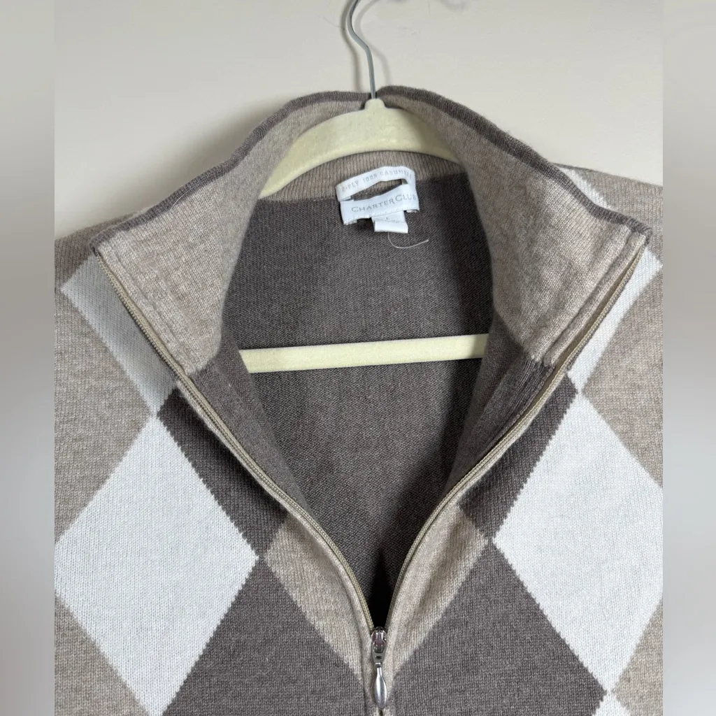 Charter Club Tan and Gray Argyle Cashmere Cardigan sz M Academia Preppy Light - Image 6