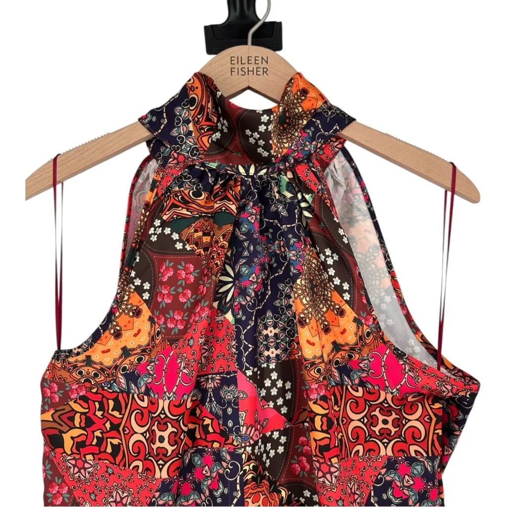 Rachel Zoe Satiny Bandana Print Multicolor Halter Top size Medium Tie Neck Back - Image 2