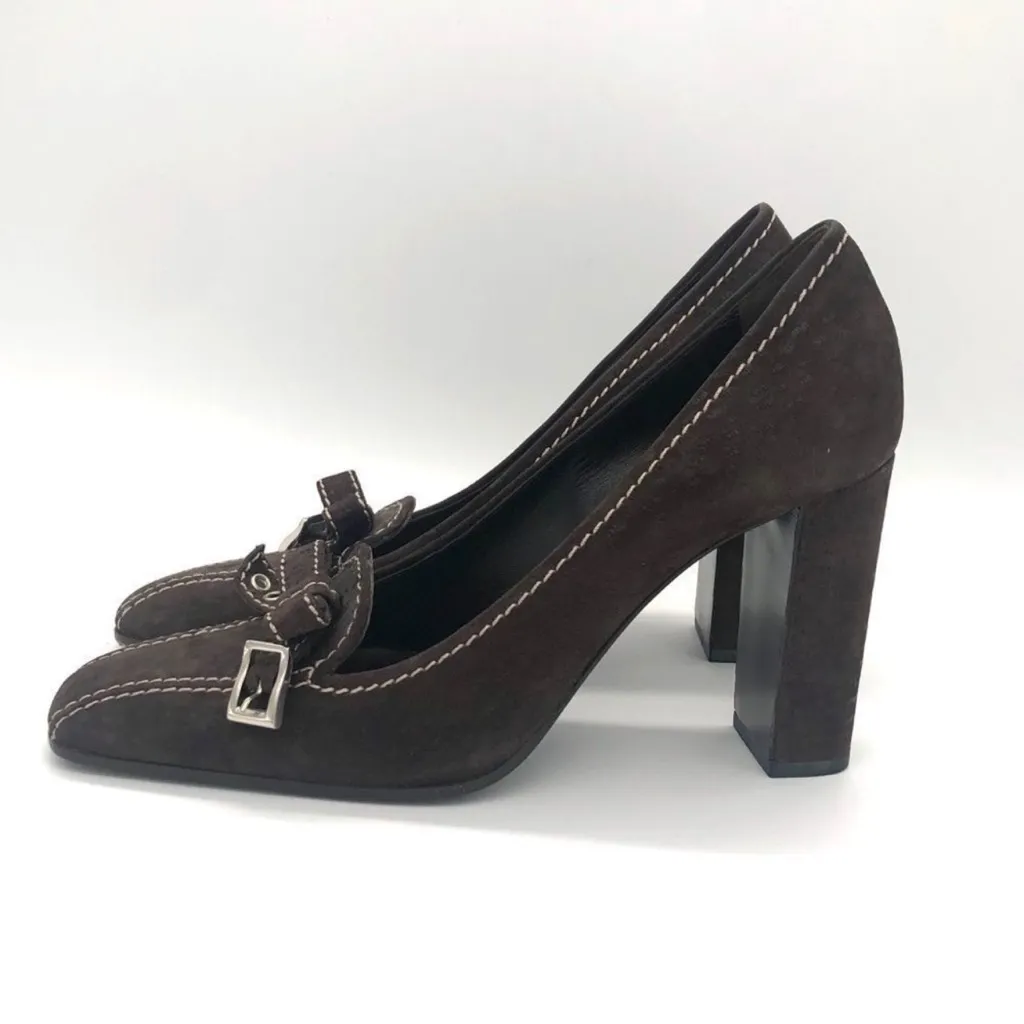 Prada Women's Dark Brown Leather  Suede Heels - Image 4