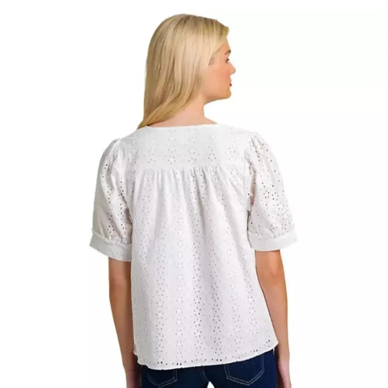 Draper James White Eyelet V-Neck Puff Short Sleeve Top Size Medium Feminine - Image 2