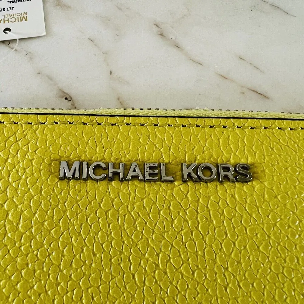 MICHAEL KORS Jet Set Lime Light Yellow Leather Double Zip Wallet Wristlet - Image 4