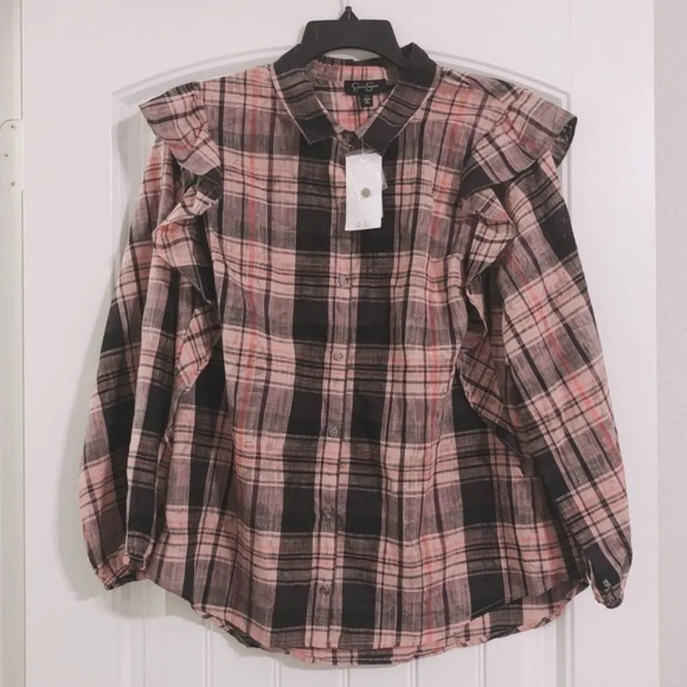 Jessica Simpson Shirt Sadie Ruffle Plaid Blouse Puff Sleeves Size XL NWT $69.50 - Image 6