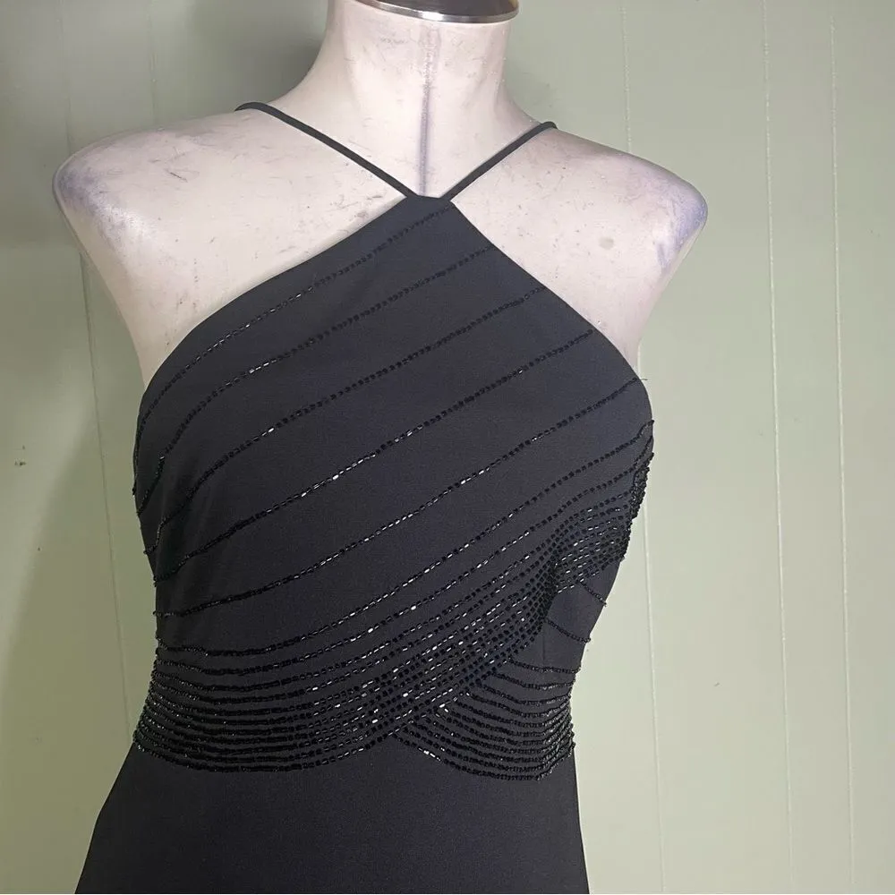 90s Vintage De Laru Black Beaded Halter Prom‎ Gown Black Flowy Maxi Dress 7/8 Size undefined - Image 3