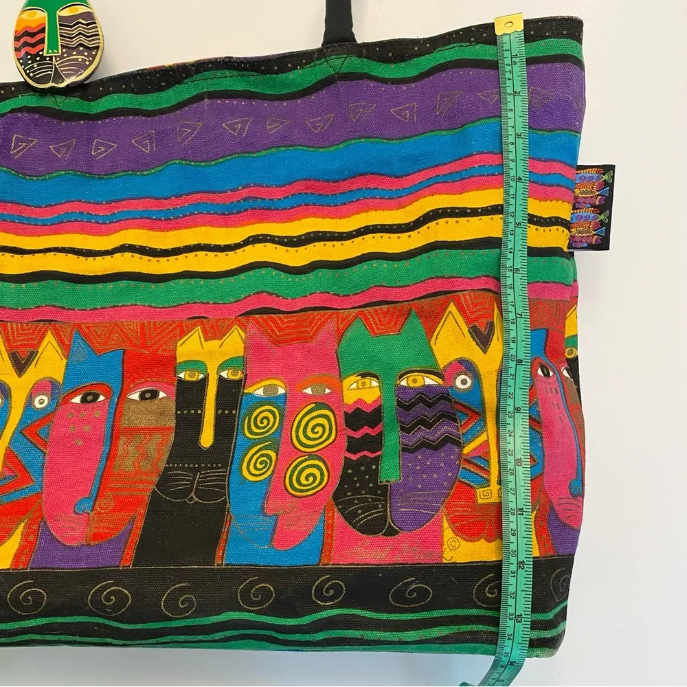 Laurel Burch Tote Bag Cats Canvas Coated Interior Vibrant Zipper Large Retired Green - Image 14