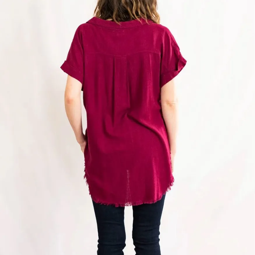 Umgee Linen Blend Fringe Fray Trim Button Down Shirt Women’s Size XL - Image 2