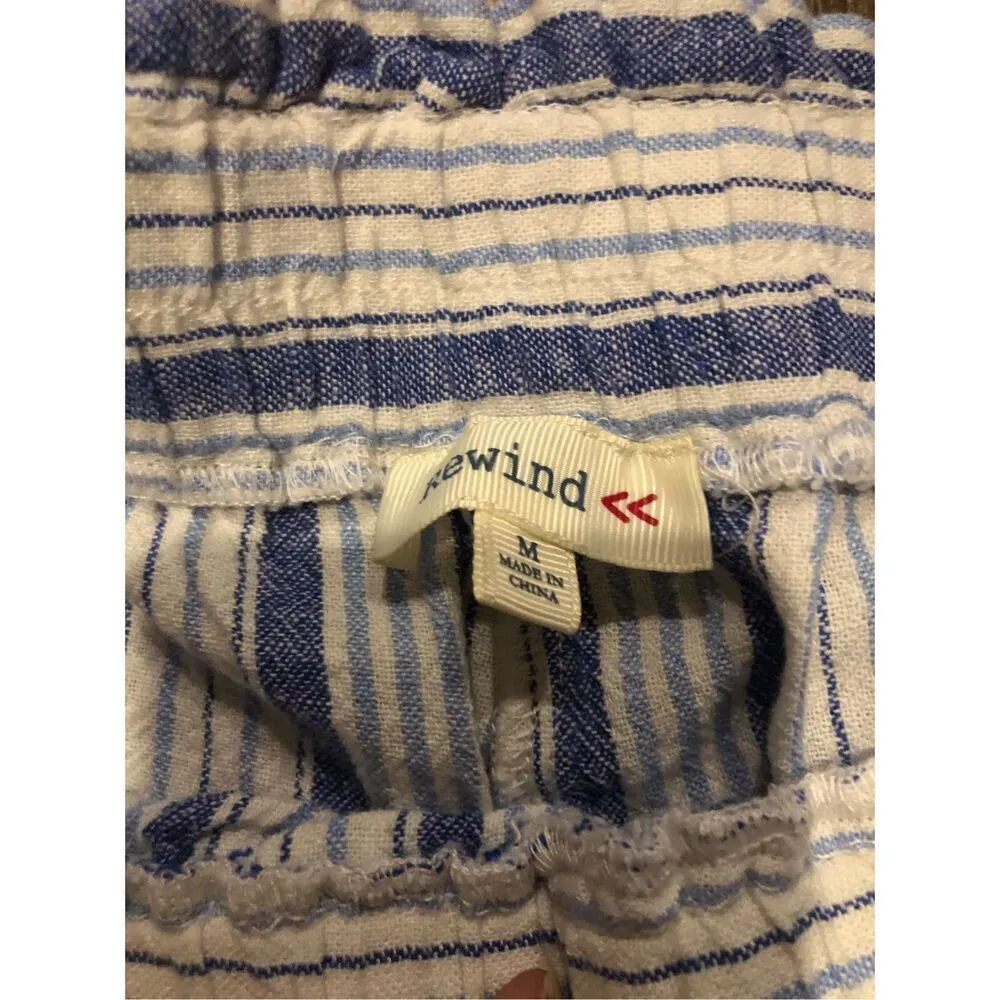 Rewind linen blend elastic blue and white shorts with attached front tie belt at - Image 5