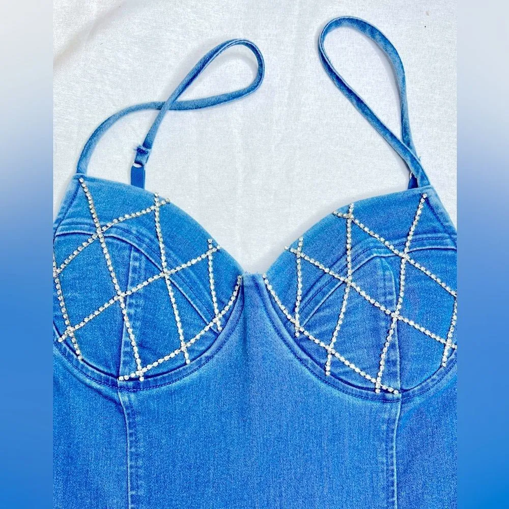 Women’s Sequin bustier denim bodycon jumpsuit skinny stretch size M. - Image 7